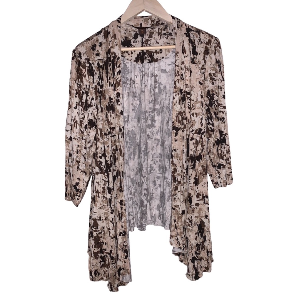 Brown & Tan Abstract Pattern 3/4 Sleeve Lightweight Open Cardigan